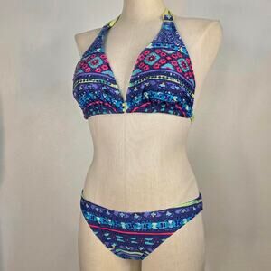 Y2K Bikini Set Colorful Beaded Halter Boho Festival Swim Size Large